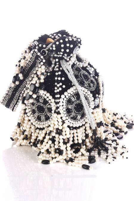 Nazaakat By Samara Singh_Black Beads, Pearls, Crystals, Tassels Beaded And Stone Potli Bag _at_Aza_Fashions