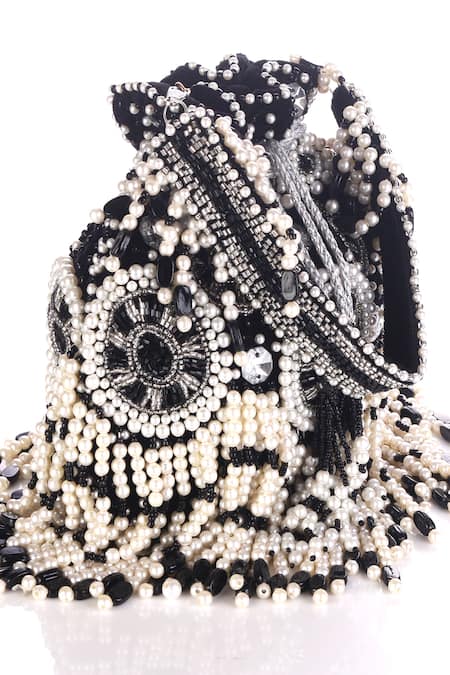Buy_Nazaakat By Samara Singh_Black Beads, Pearls, Crystals, Tassels Beaded And Stone Potli Bag 