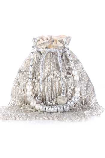 Shop_Nazaakat By Samara Singh_Silver Beads, Pearls, Tassels Beaded And Potli Bag _Online_at_Aza_Fashions