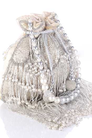 Nazaakat By Samara Singh_Silver Beads, Pearls, Tassels Beaded And Potli Bag _at_Aza_Fashions