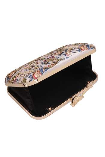 Shop Nazaakat By Samara Singh Off White Embroidery, Sequins Floral Clutch With Bird Motif Online at Aza Fashions Shop_Nazaakat By Samara Singh_Off White Embroidery, Sequins Floral Clutch With Bird Motif _Online_at_Aza_Fashions