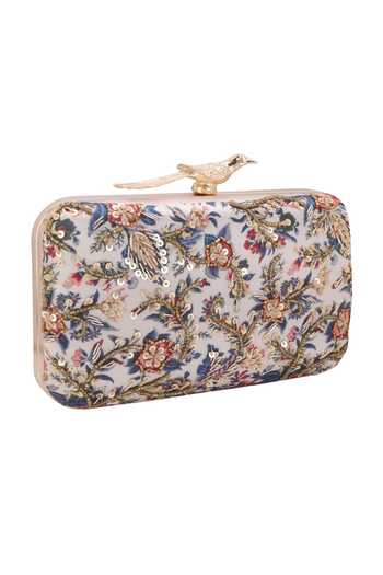 Nazaakat By Samara Singh Off White Embroidery, Sequins Floral Clutch With Bird Motif at Aza Fashions Nazaakat By Samara Singh_Off White Embroidery, Sequins Floral Clutch With Bird Motif _at_Aza_Fashions