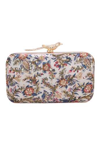 Buy Nazaakat By Samara Singh Off White Embroidery, Sequins Floral Clutch With Bird Motif Buy_Nazaakat By Samara Singh_Off White Embroidery, Sequins Floral Clutch With Bird Motif