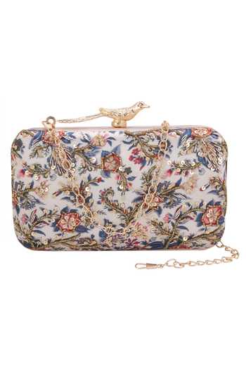 Nazaakat By Samara Singh Floral Sequin Embroidered Clutch with Bird Motif