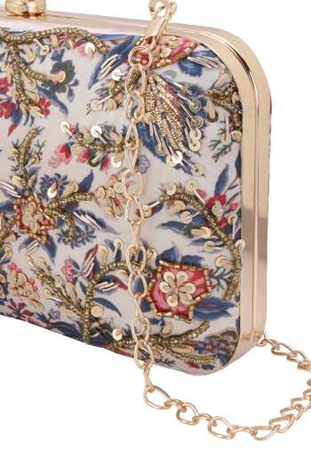 Shop Nazaakat By Samara Singh Off White Embroidery, Sequins Floral Clutch With Bird Motif Shop_Nazaakat By Samara Singh_Off White Embroidery, Sequins Floral Clutch With Bird Motif