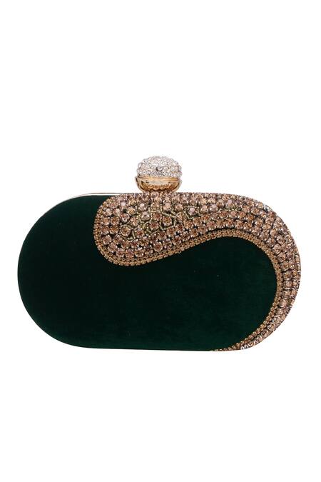Shop Nazaakat By Samara Singh Green Rhinestones, Stones Embellished Velvet Clutch With Detachable Chain Online at Aza Fashions Shop_Nazaakat By Samara Singh_Green Rhinestones, Stones Embellished Velvet Clutch With Detachable Chain _Online_at_Aza_Fashions
