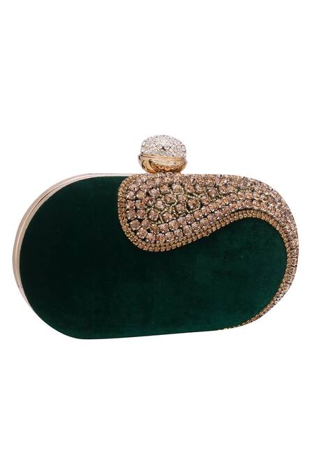 Shop Nazaakat By Samara Singh Green Rhinestones, Stones Embellished Velvet Clutch With Detachable Chain Shop_Nazaakat By Samara Singh_Green Rhinestones, Stones Embellished Velvet Clutch With Detachable Chain