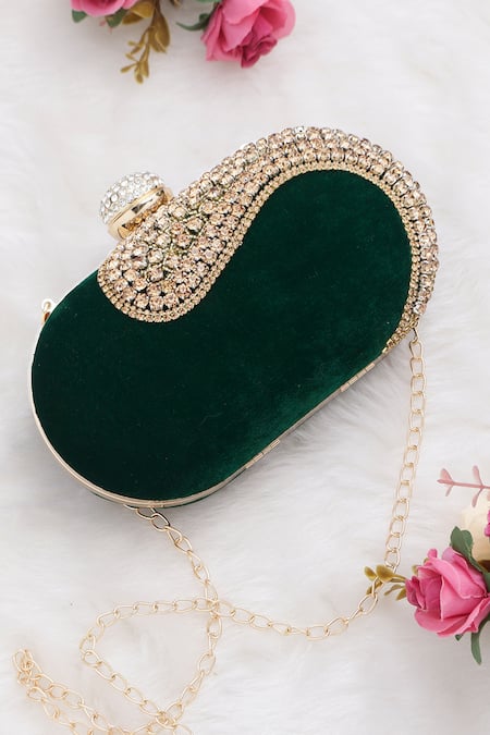 Nazaakat By Samara Singh Green Rhinestones, Stones Embellished Velvet Clutch With Detachable Chain 