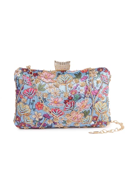 Nazaakat By Samara Singh Floral Embroidered Clutch With Sling Chain 