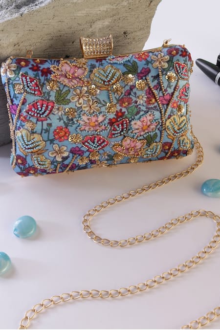 Nazaakat By Samara Singh Floral Embroidered Clutch With Sling Chain 
