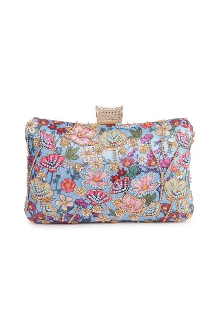 Nazaakat By Samara Singh Blue Beads, Sequins, Embroidery Floral Clutch With Sling Chain Online at Aza Fashions Nazaakat By Samara Singh_Blue Beads, Sequins, Embroidery Floral Clutch With Sling Chain _Online_at_Aza_Fashions