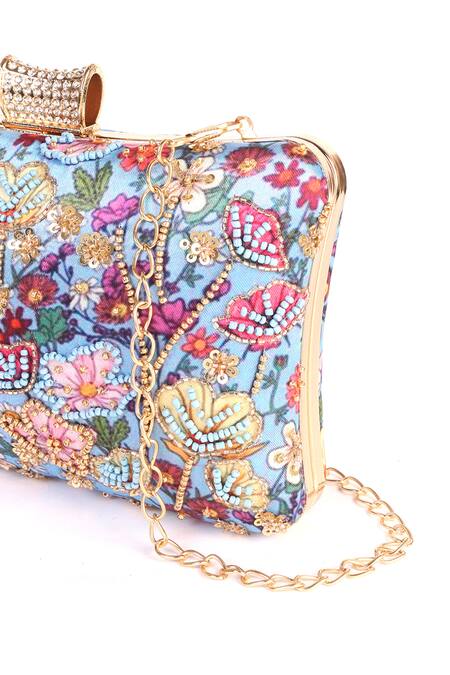Buy Nazaakat By Samara Singh Blue Beads, Sequins, Embroidery Floral Clutch With Sling Chain Online at Aza Fashions Buy_Nazaakat By Samara Singh_Blue Beads, Sequins, Embroidery Floral Clutch With Sling Chain _Online_at_Aza_Fashions