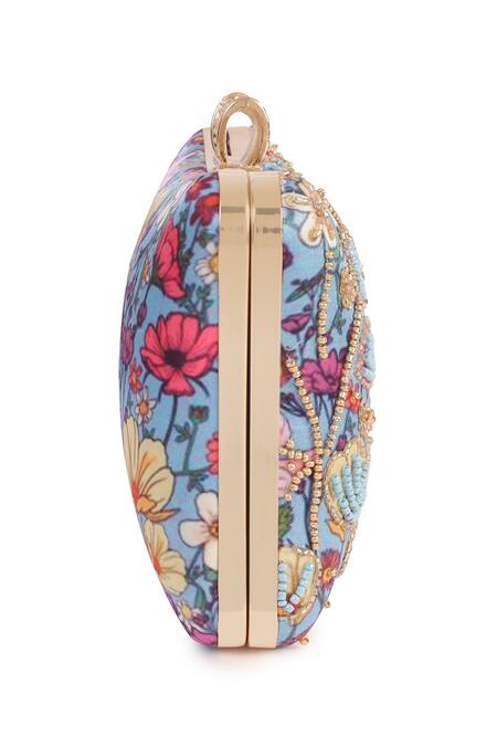 Shop Nazaakat By Samara Singh Blue Beads, Sequins, Embroidery Floral Clutch With Sling Chain Online at Aza Fashions Shop_Nazaakat By Samara Singh_Blue Beads, Sequins, Embroidery Floral Clutch With Sling Chain _Online_at_Aza_Fashions