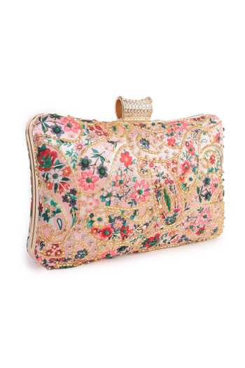 Nazaakat By Samara Singh Pink Beads, Sequins, Rhinestones, Embroidery Floral Clutch With Sling Chain Online at Aza Fashions Nazaakat By Samara Singh_Pink Beads, Sequins, Rhinestones, Embroidery Floral Clutch With Sling Chain _Online_at_Aza_Fashions
