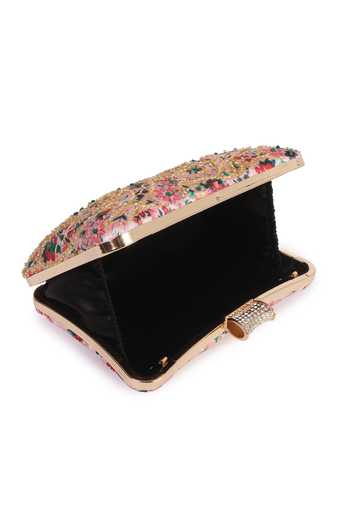 Shop Nazaakat By Samara Singh Pink Beads, Sequins, Rhinestones, Embroidery Floral Clutch With Sling Chain Online at Aza Fashions Shop_Nazaakat By Samara Singh_Pink Beads, Sequins, Rhinestones, Embroidery Floral Clutch With Sling Chain _Online_at_Aza_Fashions