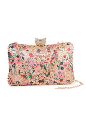 Shop Nazaakat By Samara Singh Pink Beads, Sequins, Rhinestones, Embroidery Floral Clutch With Sling Chain at Aza Fashions Shop_Nazaakat By Samara Singh_Pink Beads, Sequins, Rhinestones, Embroidery Floral Clutch With Sling Chain _at_Aza_Fashions