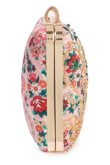 Nazaakat By Samara Singh Pink Beads, Sequins, Rhinestones, Embroidery Floral Clutch With Sling Chain at Aza Fashions Nazaakat By Samara Singh_Pink Beads, Sequins, Rhinestones, Embroidery Floral Clutch With Sling Chain _at_Aza_Fashions