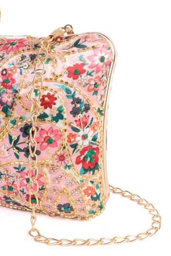 Buy Nazaakat By Samara Singh Pink Beads, Sequins, Rhinestones, Embroidery Floral Clutch With Sling Chain Buy_Nazaakat By Samara Singh_Pink Beads, Sequins, Rhinestones, Embroidery Floral Clutch With Sling Chain