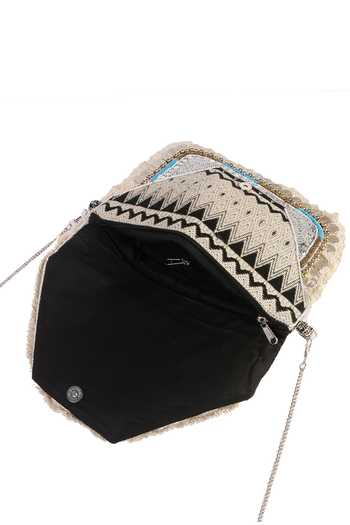 Nazaakat By Samara Singh Off White Beads, Fringe, Sequins, Stones Geometric Pattern Coin And Boho Bag at Aza Fashions Nazaakat By Samara Singh_Off White Beads, Fringe, Sequins, Stones Geometric Pattern Coin And Boho Bag _at_Aza_Fashions