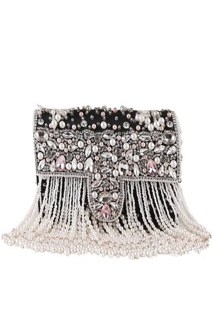 Shop_Nazaakat By Samara Singh_Black Pearls, Crystals, Rhinestones, Beads And Stone Embellished Flap Bag _Online_at_Aza_Fashions