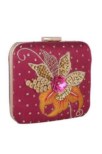 Shop_Nazaakat By Samara Singh_Purple Sequins, Embroidery Floral And Thread Clutch 