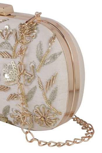 Shop Nazaakat By Samara Singh Off White Sequins, Beads, Embroidery Floral And Clutch Shop_Nazaakat By Samara Singh_Off White Sequins, Beads, Embroidery Floral And Clutch