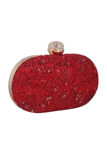 Shop_Nazaakat By Samara Singh_Red Rhinestones, Sequins, Beads Embroidered Clutch With Detachable Sling _Online_at_Aza_Fashions