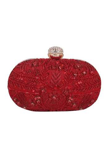 Buy_Nazaakat By Samara Singh_Red Rhinestones, Sequins, Beads Embroidered Clutch With Detachable Sling 
