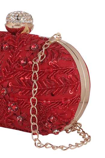Shop_Nazaakat By Samara Singh_Red Rhinestones, Sequins, Beads Embroidered Clutch With Detachable Sling 