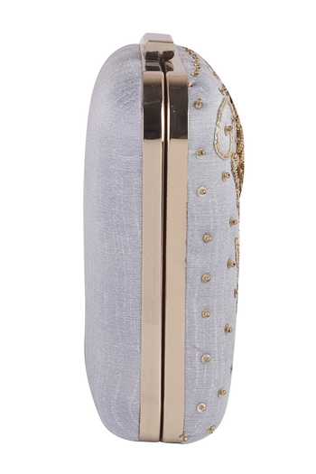 Shop_Nazaakat By Samara Singh_Gray Sequins, Embroidery, Fabric Flowers Floral And Embellished Clutch _Online_at_Aza_Fashions