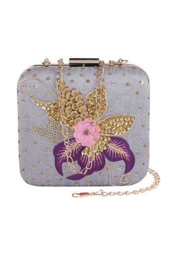 Nazaakat By Samara Singh_Gray Sequins, Embroidery, Fabric Flowers Floral And Embellished Clutch _at_Aza_Fashions