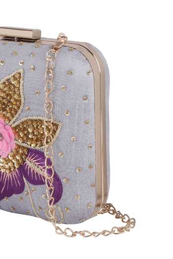 Buy_Nazaakat By Samara Singh_Gray Sequins, Embroidery, Fabric Flowers Floral And Embellished Clutch 