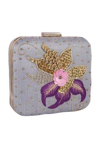 Shop_Nazaakat By Samara Singh_Gray Sequins, Embroidery, Fabric Flowers Floral And Embellished Clutch 