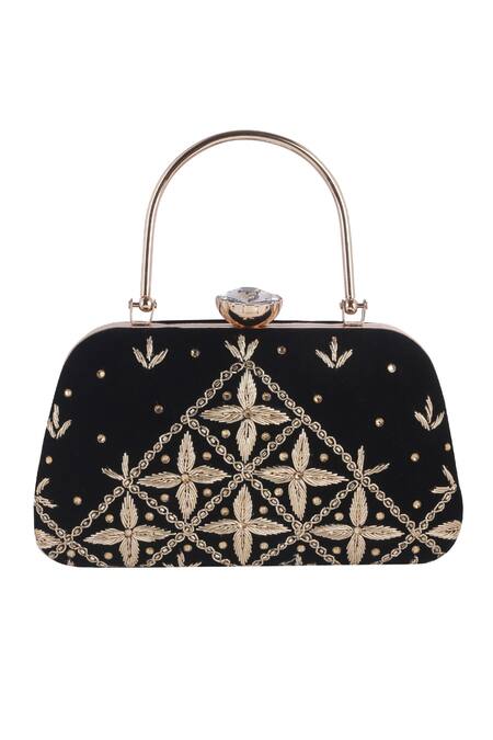 Buy_Nazaakat By Samara Singh_Black Embroidery, Crystals Clutch With Detachable Sling 