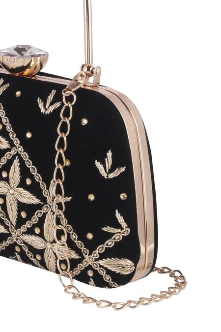 Shop_Nazaakat By Samara Singh_Black Embroidery, Crystals Clutch With Detachable Sling 