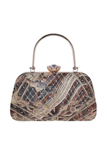 Nazaakat By Samara Singh_Brown Embroidery, Beads, Crystals, Chains Pattern Clutch With Sling _at_Aza_Fashions