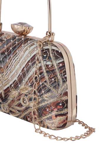 Buy_Nazaakat By Samara Singh_Brown Embroidery, Beads, Crystals, Chains Pattern Clutch With Sling 