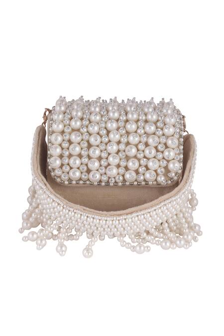 Buy_Nazaakat By Samara Singh_Cream Pearls, Crystals And Embellished Flap Bag 