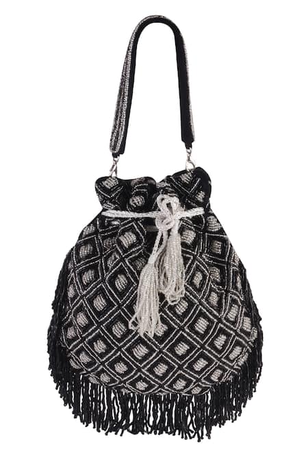 Shop Nazaakat By Samara Singh Black Beads, Tassels Geometric Beaded Fringe Potli Bag at Aza Fashions Shop_Nazaakat By Samara Singh_Black Beads, Tassels Geometric Beaded Fringe Potli Bag _at_Aza_Fashions