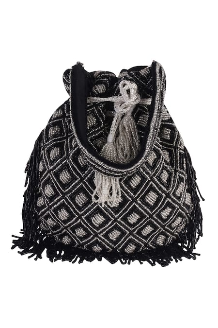 Shop Nazaakat By Samara Singh Black Beads, Tassels Geometric Beaded Fringe Potli Bag Online at Aza Fashions Shop_Nazaakat By Samara Singh_Black Beads, Tassels Geometric Beaded Fringe Potli Bag _Online_at_Aza_Fashions