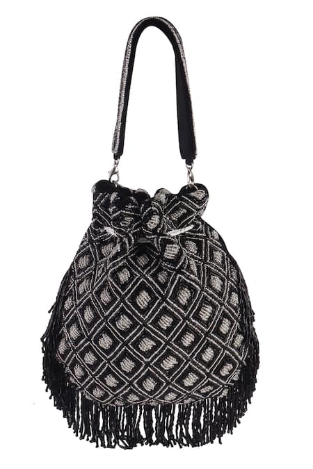Nazaakat By Samara Singh Black Beads, Tassels Geometric Beaded Fringe Potli Bag at Aza Fashions Nazaakat By Samara Singh_Black Beads, Tassels Geometric Beaded Fringe Potli Bag _at_Aza_Fashions