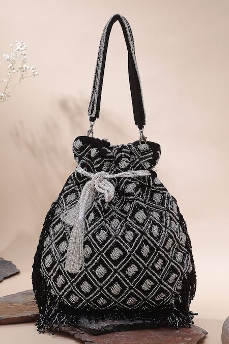 Nazaakat By Samara Singh Black Beads, Tassels Geometric Beaded Fringe Potli Bag
