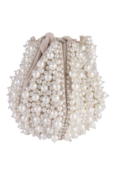 Nazaakat By Samara Singh_Cream Pearls, Beads, Tassels And Crystal Embellished Lotus Potli_Online_at_Aza_Fashions