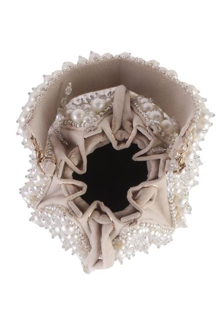 Buy_Nazaakat By Samara Singh_Cream Pearls, Beads, Tassels And Crystal Embellished Lotus Potli_Online_at_Aza_Fashions