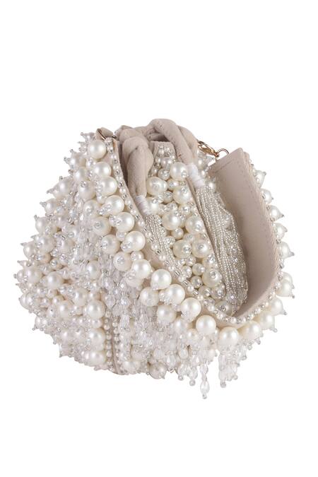 Shop_Nazaakat By Samara Singh_Cream Pearls, Beads, Tassels And Crystal Embellished Lotus Potli_Online_at_Aza_Fashions