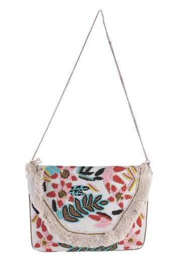 Shop Nazaakat By Samara Singh White Beads, Sequins, Fringe Beaded Floral Embroidered Boho Bag at Aza Fashions Shop_Nazaakat By Samara Singh_White Beads, Sequins, Fringe Beaded Floral Embroidered Boho Bag _at_Aza_Fashions