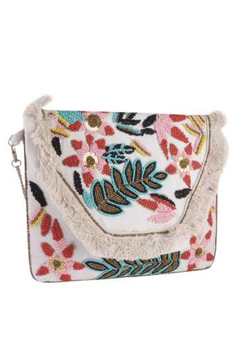 Shop Nazaakat By Samara Singh White Beads, Sequins, Fringe Beaded Floral Embroidered Boho Bag Online at Aza Fashions Shop_Nazaakat By Samara Singh_White Beads, Sequins, Fringe Beaded Floral Embroidered Boho Bag _Online_at_Aza_Fashions