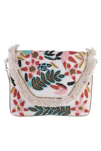 Nazaakat By Samara Singh White Beads, Sequins, Fringe Beaded Floral Embroidered Boho Bag at Aza Fashions Nazaakat By Samara Singh_White Beads, Sequins, Fringe Beaded Floral Embroidered Boho Bag _at_Aza_Fashions