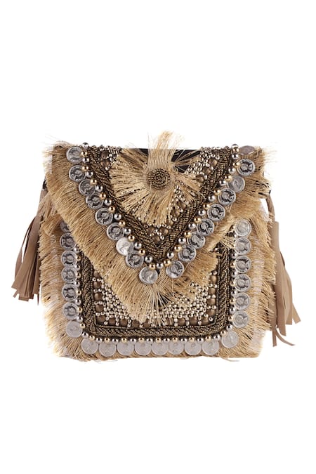 Shop Nazaakat By Samara Singh Brown Beads, Fringe, Tassels Coin And Beaded Boho Bag Online at Aza Fashions Shop_Nazaakat By Samara Singh_Brown Beads, Fringe, Tassels Coin And Beaded Boho Bag _Online_at_Aza_Fashions