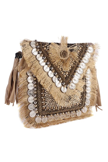 Nazaakat By Samara Singh Brown Beads, Fringe, Tassels Coin And Beaded Boho Bag at Aza Fashions Nazaakat By Samara Singh_Brown Beads, Fringe, Tassels Coin And Beaded Boho Bag _at_Aza_Fashions